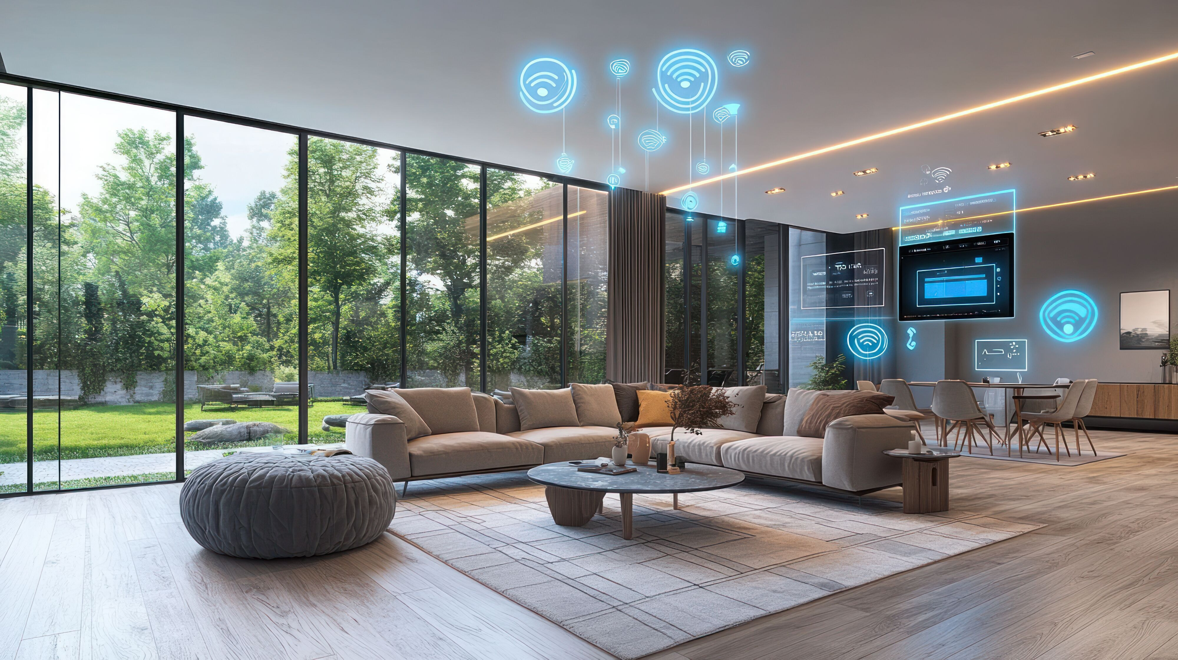 Smart-Home-Interieur mit modernem Wohnbereich und nahtloser Technologieintegration, einschließlich IoT-Konnektivität und Automatisierung.
