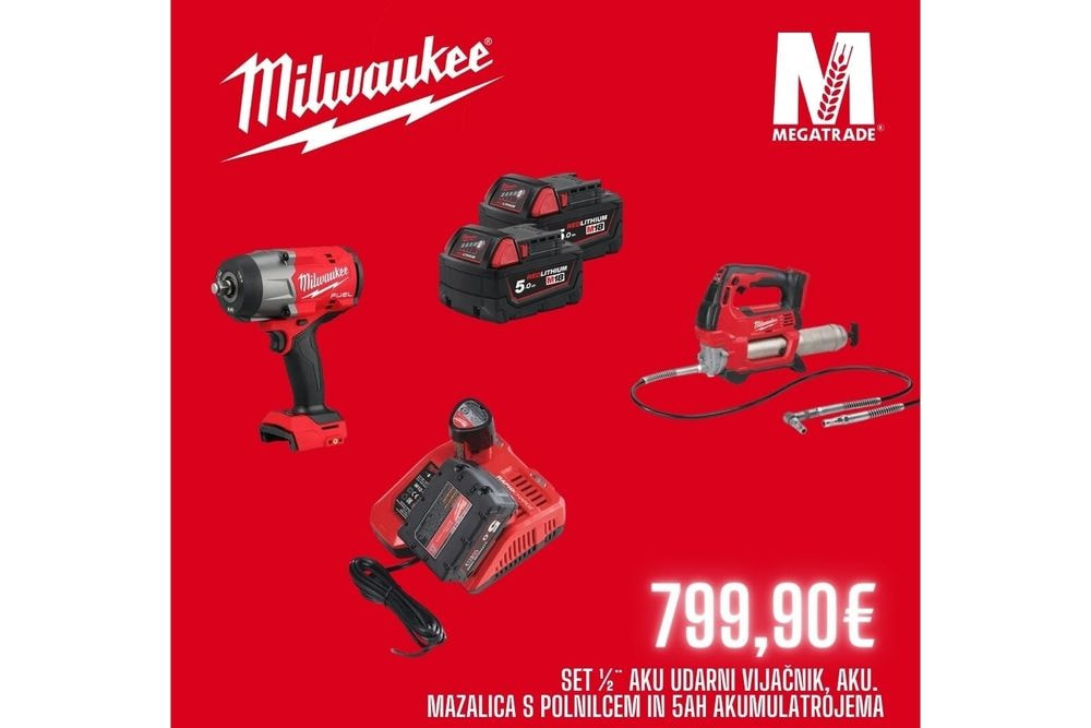 AKU SET 1/2” + mazalica + polnilec + 2KOM. 5Ah aku Milwaukee