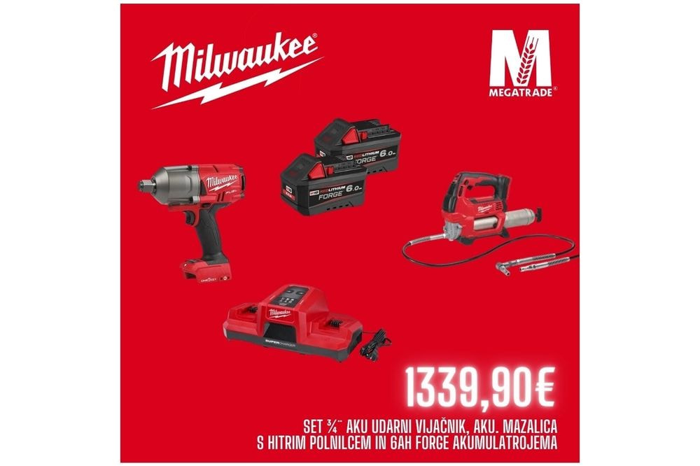 AKU SET 3/4” + MAZALICA + SUPER HITRI POLNILEC + 2KOM. 6Ah FORGE aku MILWAUKEE