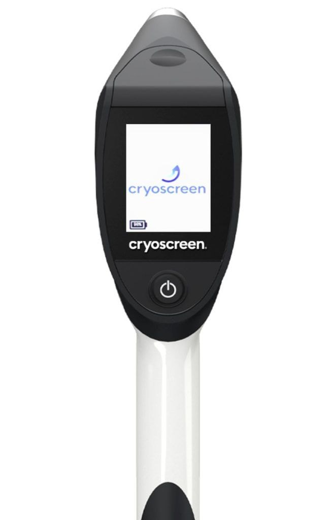 Naprava Cryoscreen z zaslonom in gumbom za vklop