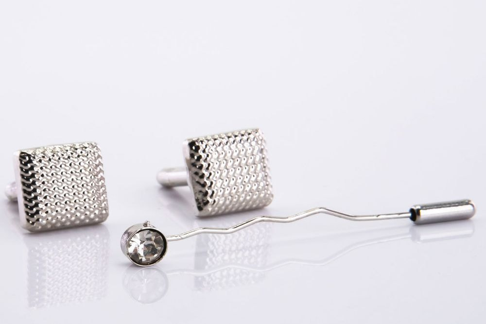 Square silver cufflinks with brooch