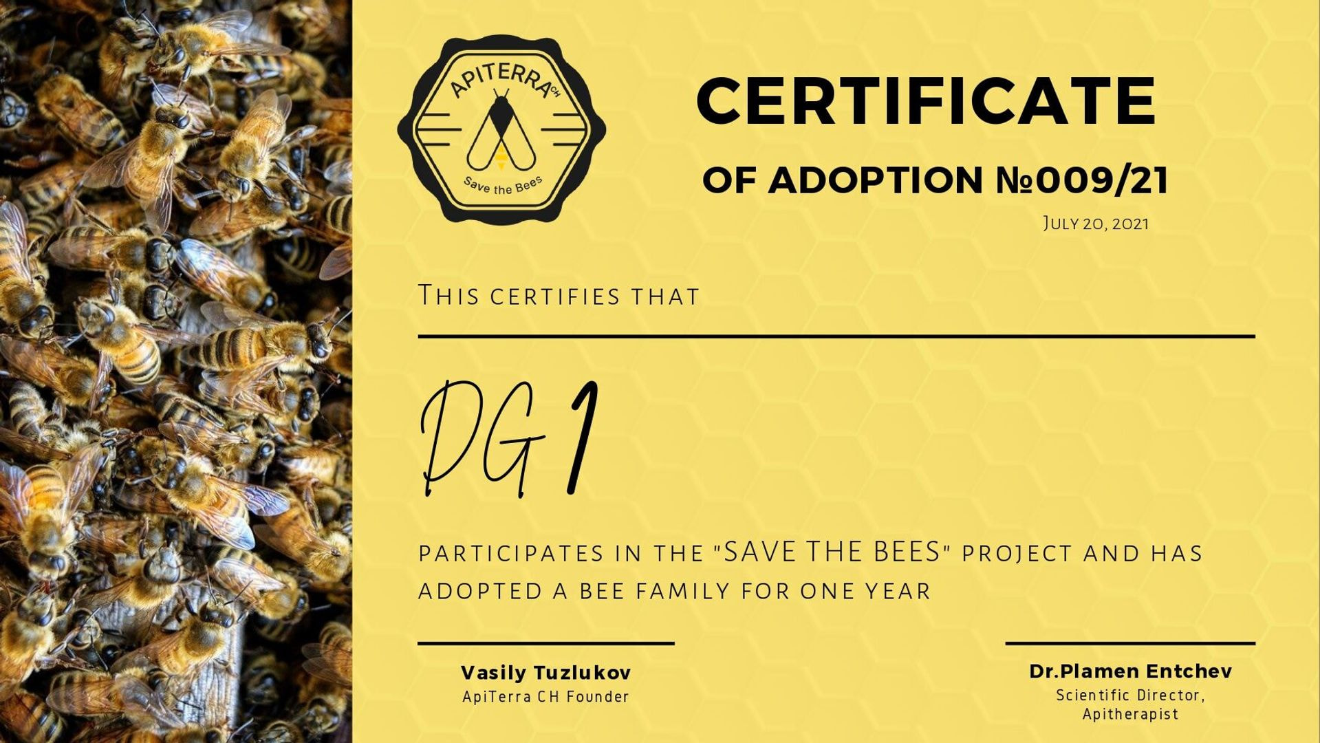 adoption certificate for "Save th Bee" project