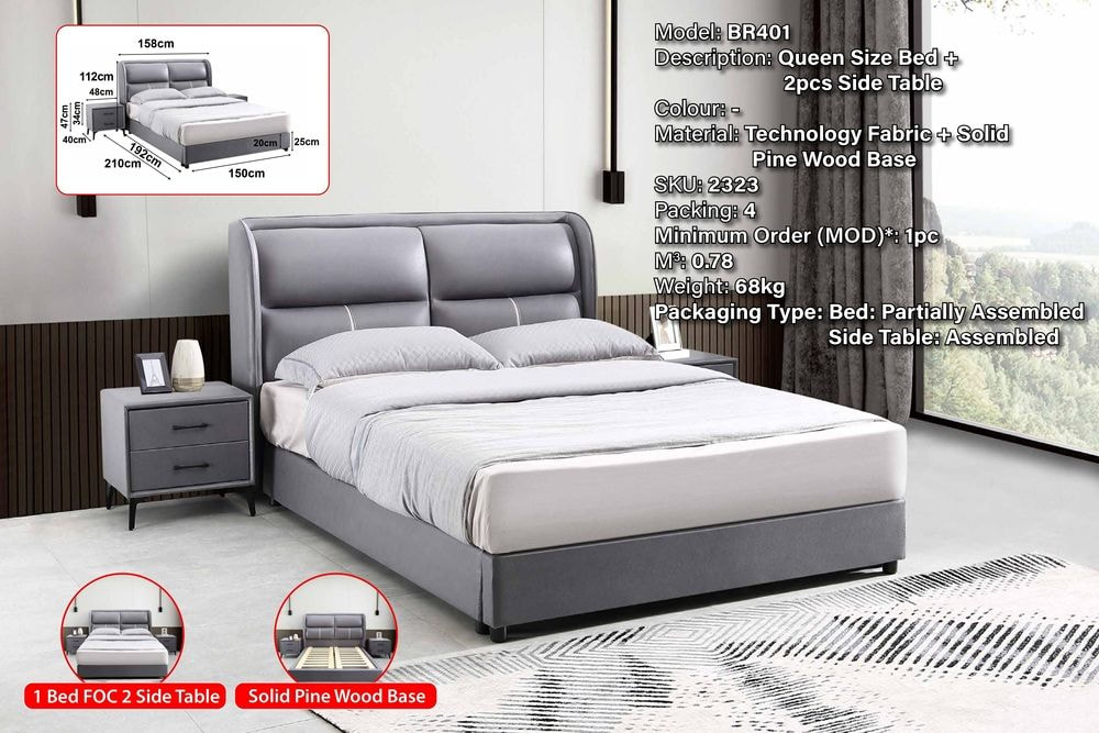 BR401 Queen size bed and 2pcs side table