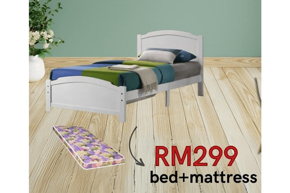 Wooden Bed (white) + Mattress Foam 3'