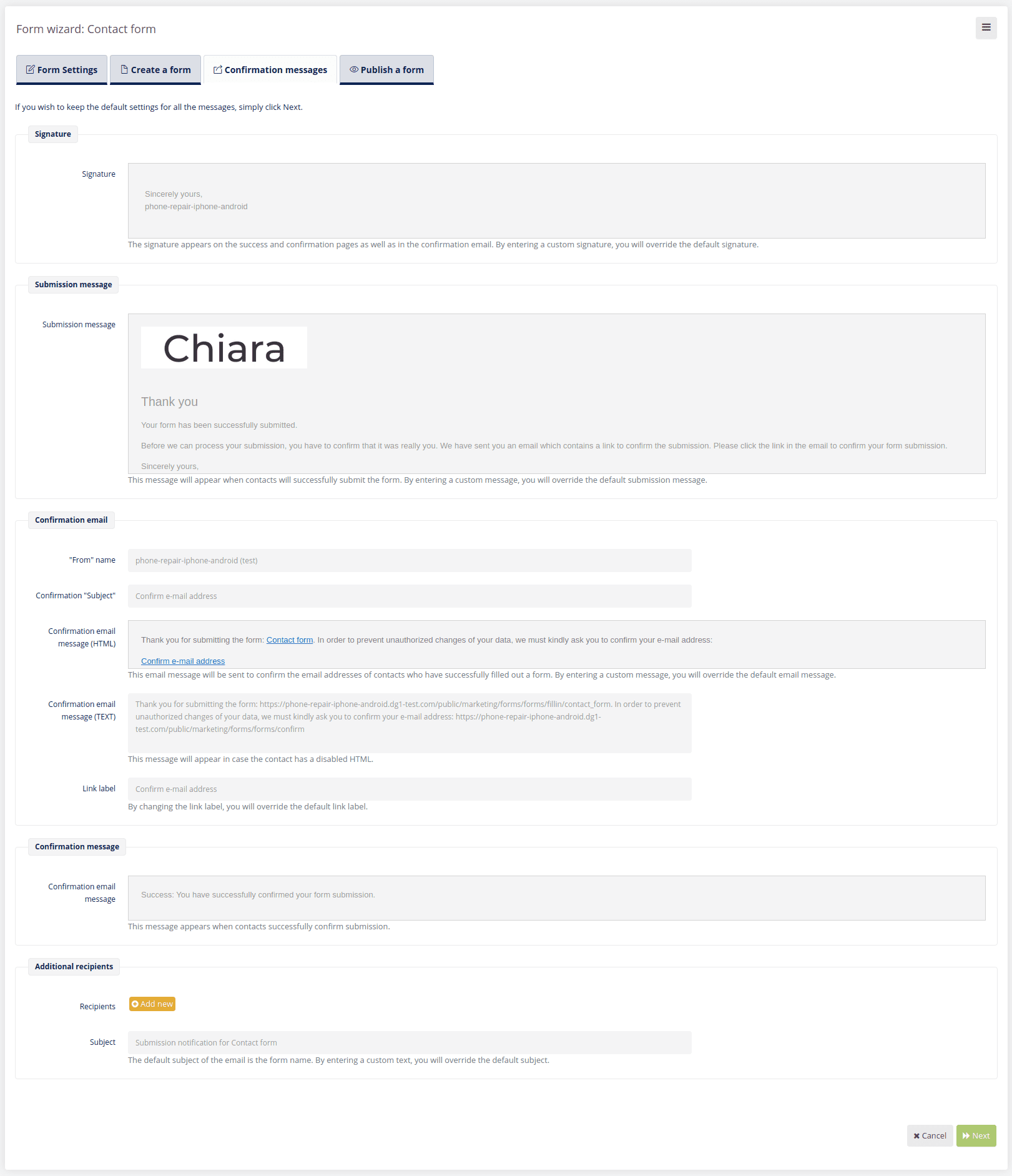 Form confirmation messages settings