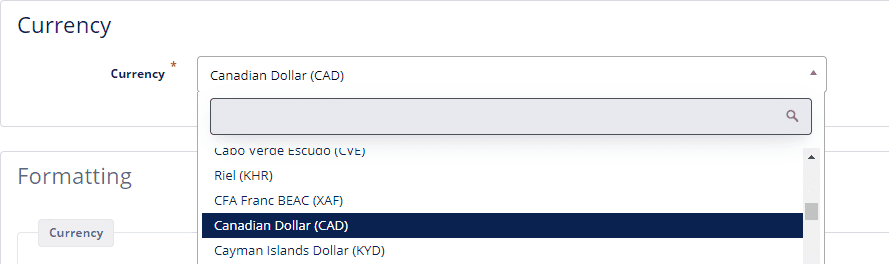 site settings currency