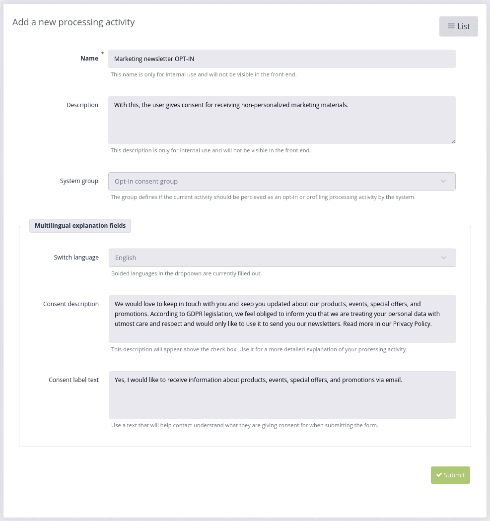 Processing activity details