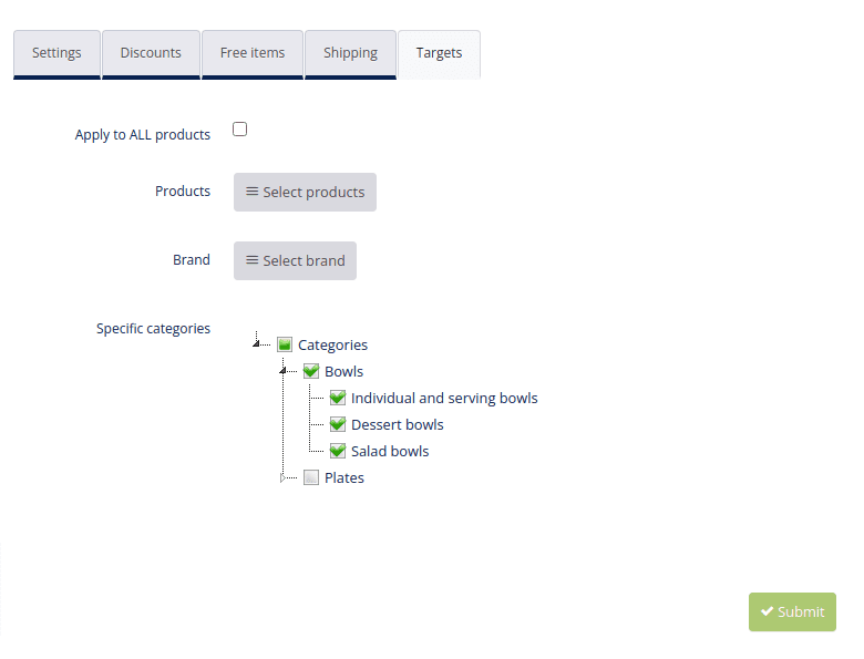 Product discount targets tab