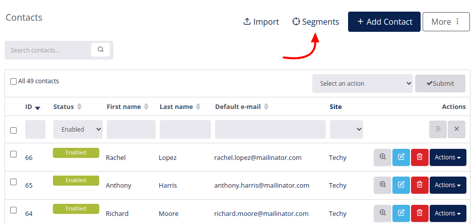 Segments menu