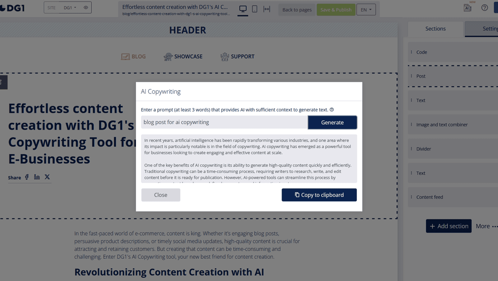 Effortless content creation with DG1's AI Copywriting Tool for E-Businesses